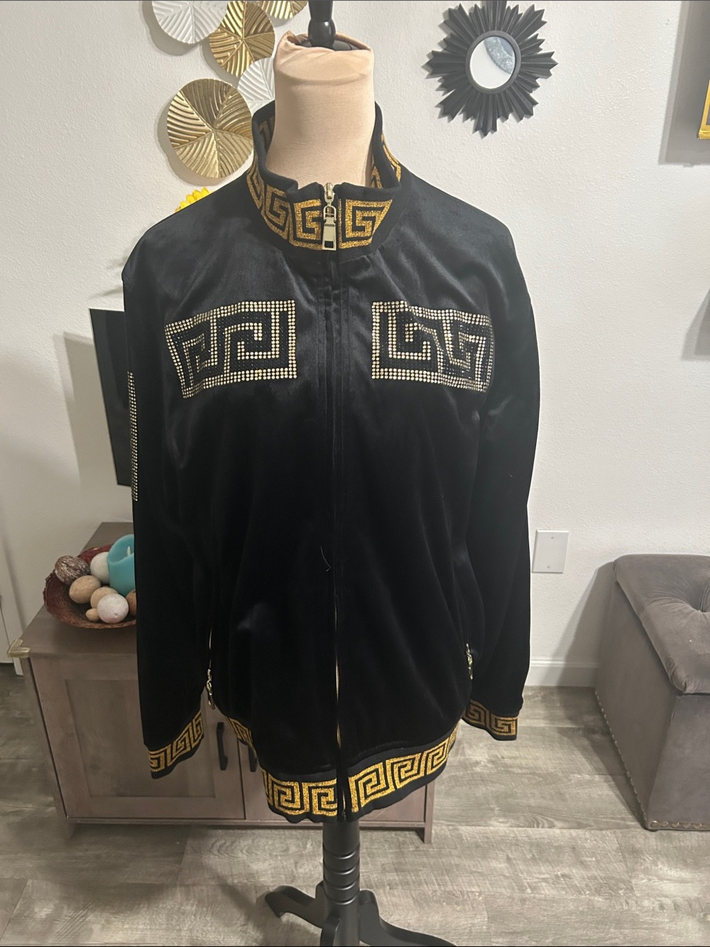Black Velvet Bomber Jacket with Gold Greek Key Trim - Picture 2 of 10